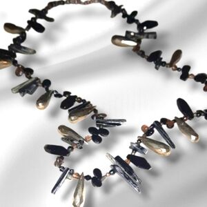 Signed 925 pyrite Onyx Smoky quartz petrified wood spike gemstone necklace